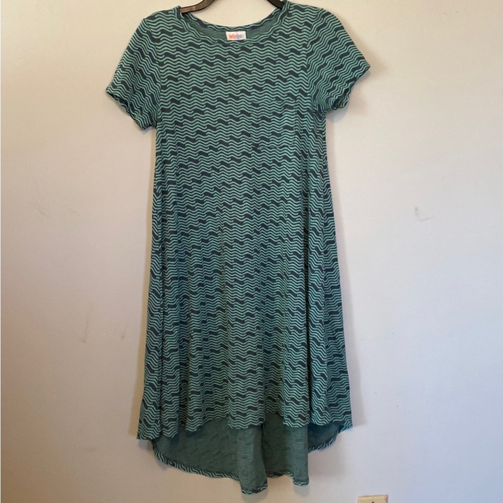 LuLaRoe Carly Dress - blue graphic wave print - Size XXS